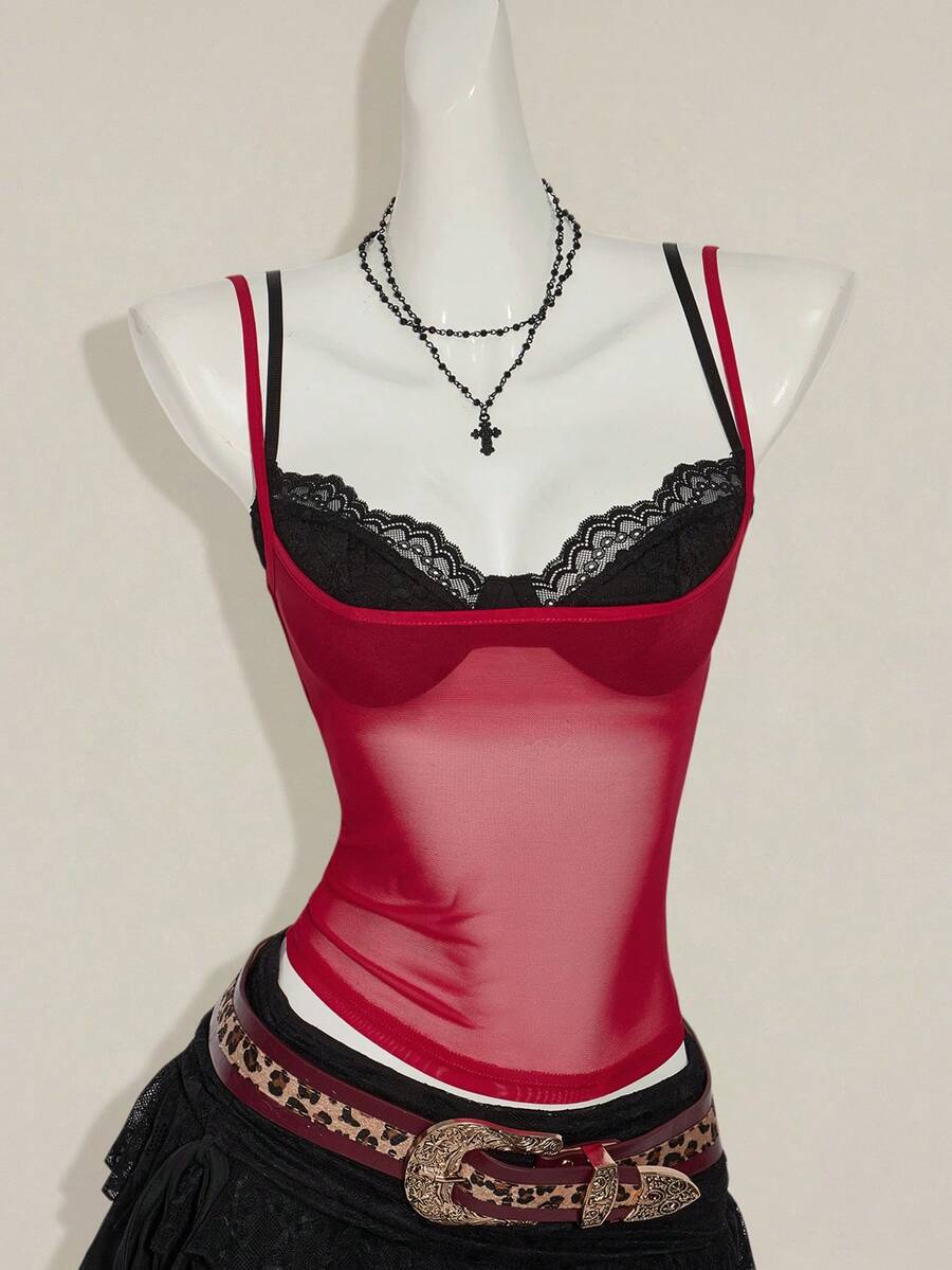 Women's grey leopard print spaghetti strap cami with black contrast lace trim and slim fit design