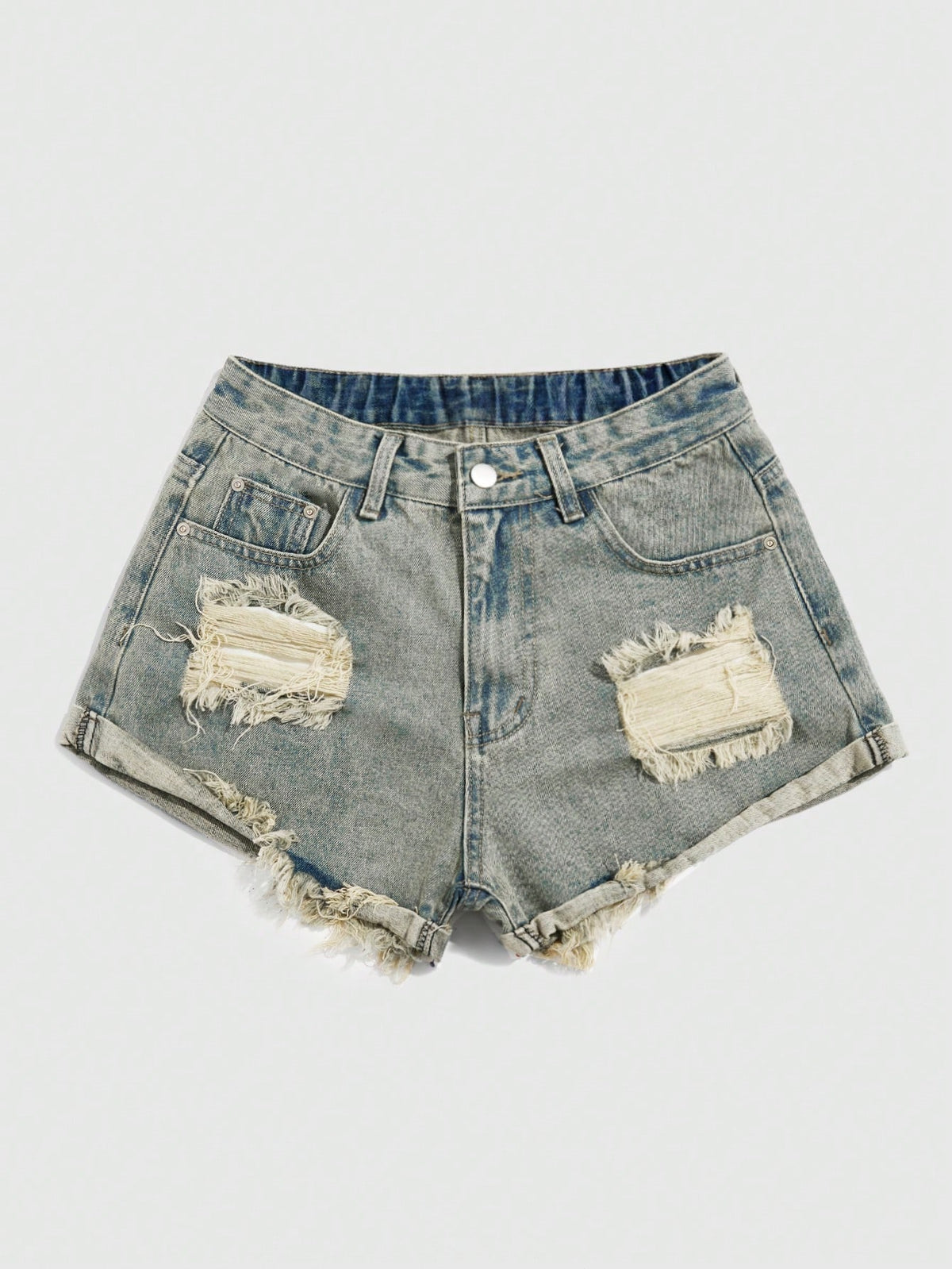 Front view of women's ripped denim shorts featuring raw hem, zipper fly, and pockets