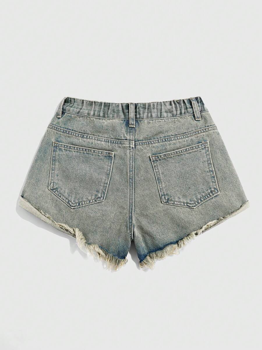 Front view of women's ripped denim shorts featuring raw hem, zipper fly, and pockets