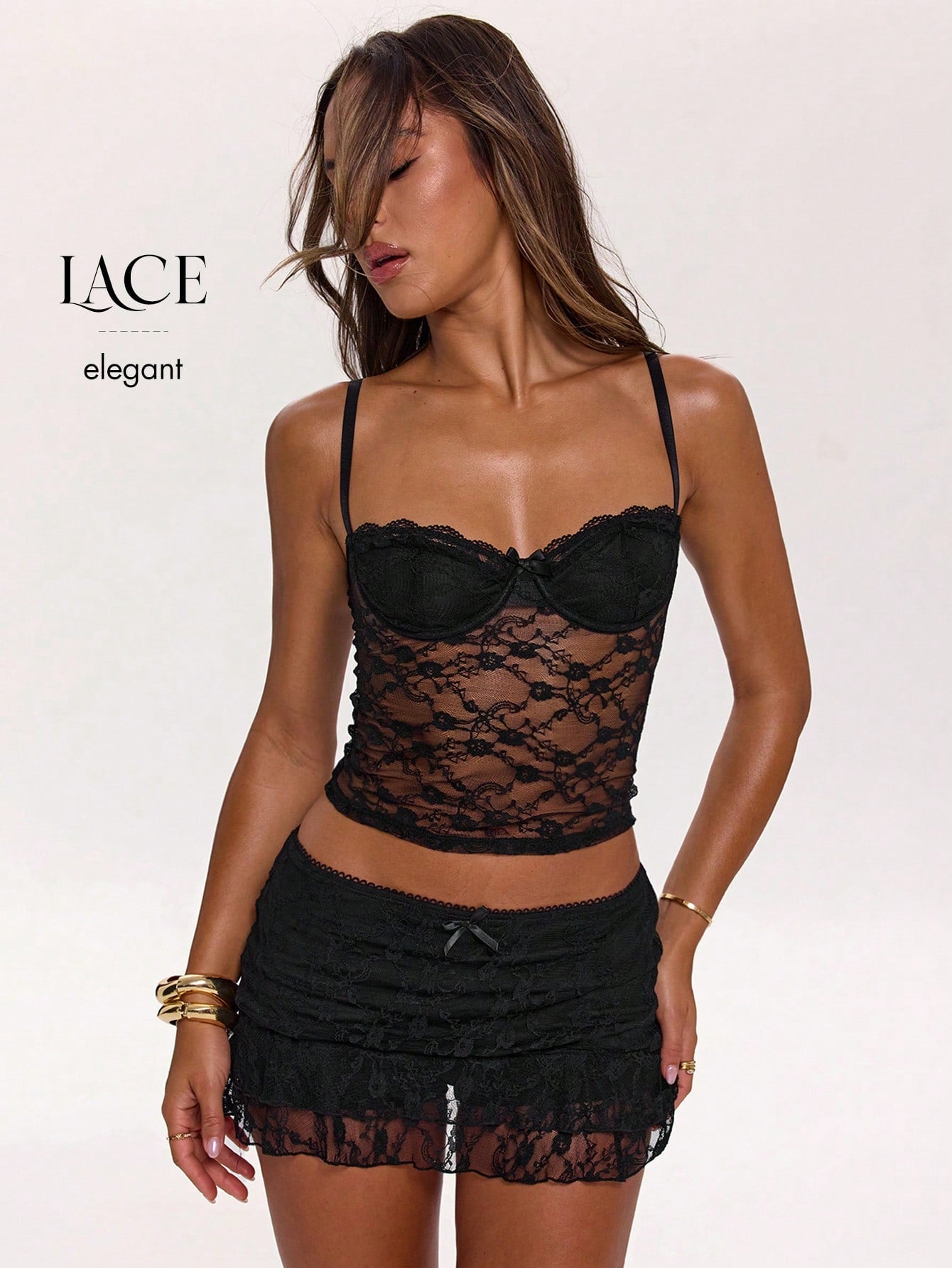Women's lace strap ruched crop camisole top with spaghetti straps, slim fit, lined body, and semi-sheer plain design
