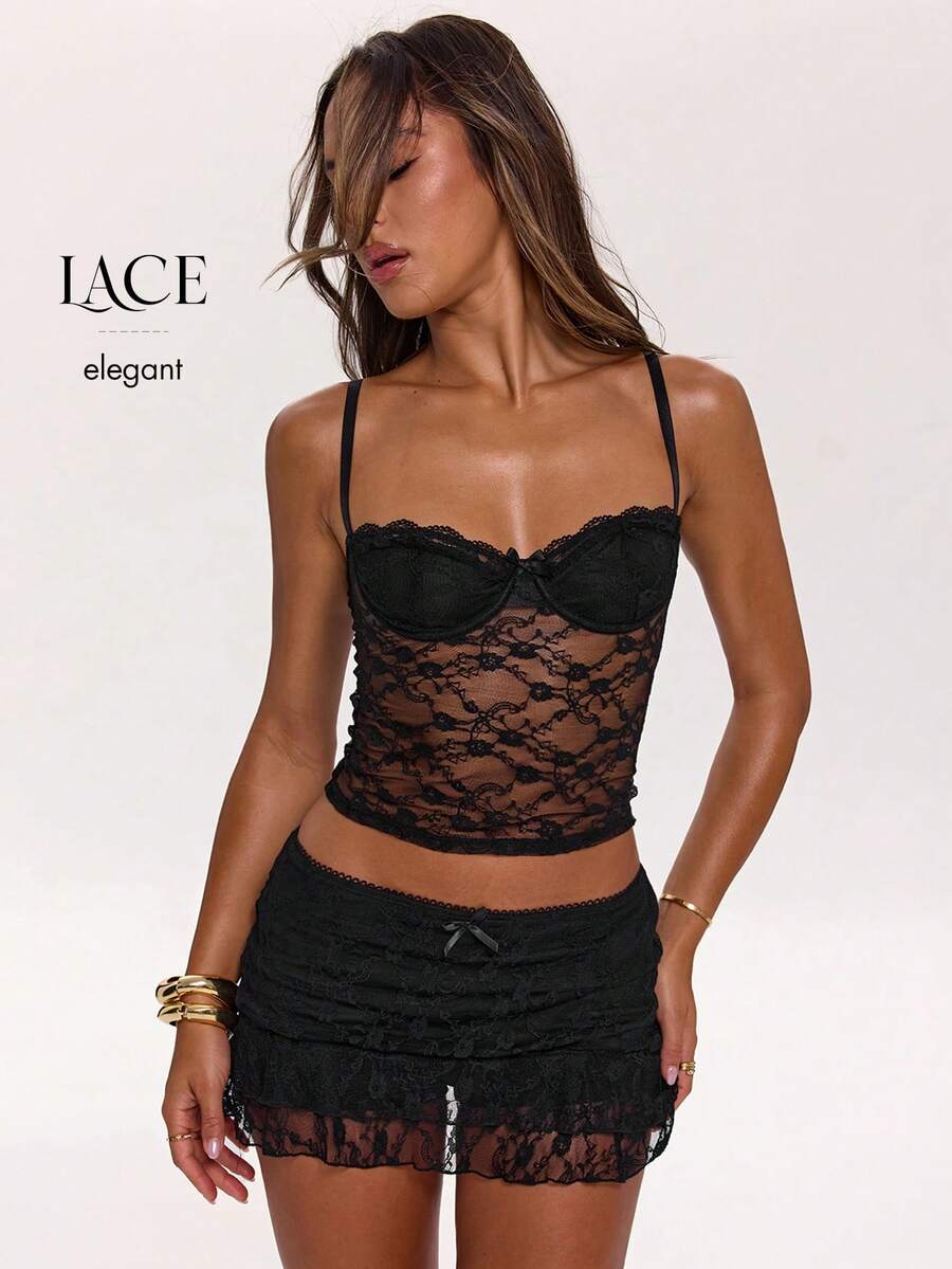 Women's lace strap ruched crop camisole top with spaghetti straps, slim fit, lined body, and semi-sheer plain design