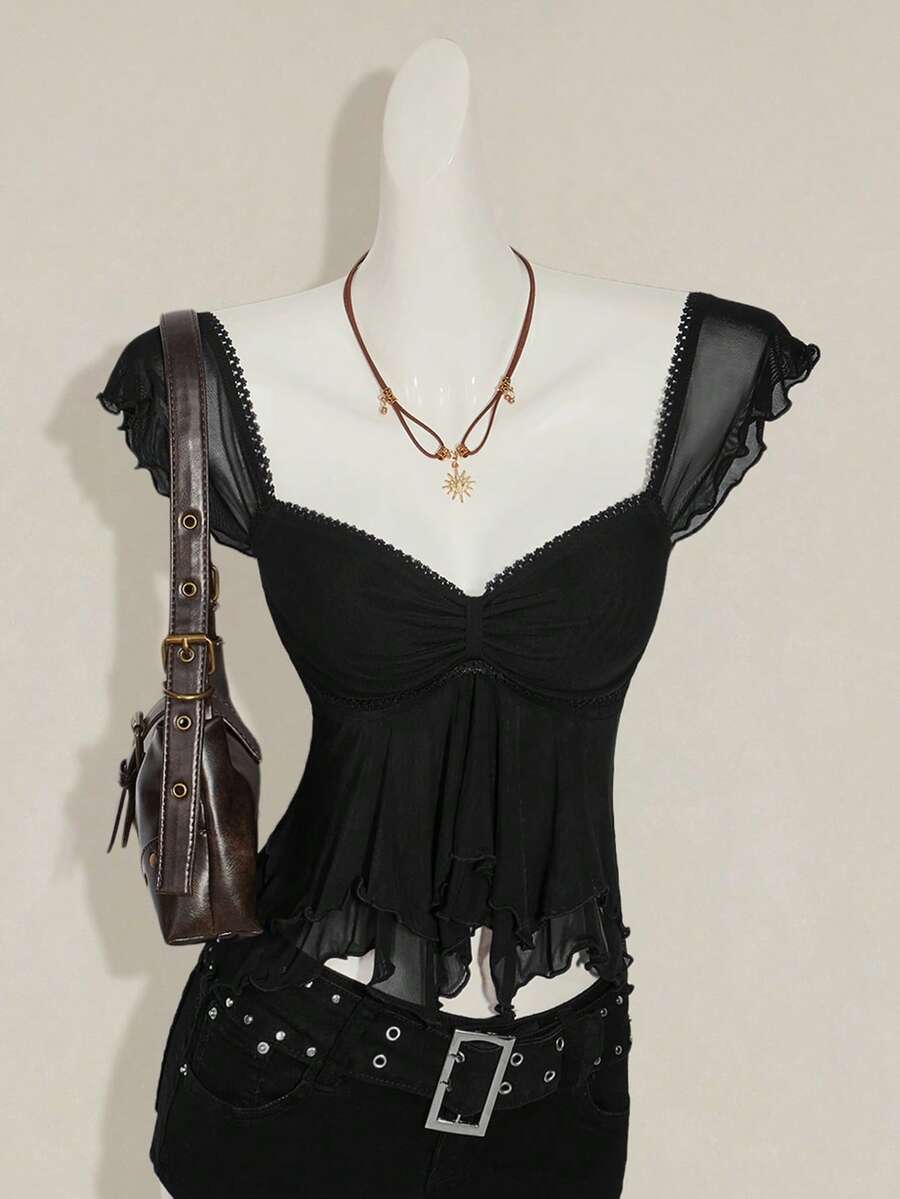Black slim fit women's ruched front camisole tank top featuring contrast mesh inserts, square neckline, and an asymmetrical crop hem.