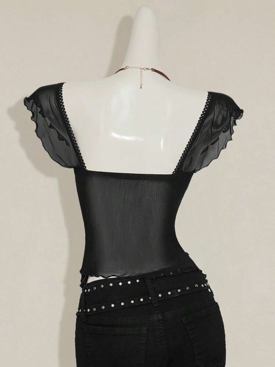 Black slim fit women's ruched front camisole tank top featuring contrast mesh inserts, square neckline, and an asymmetrical crop hem.