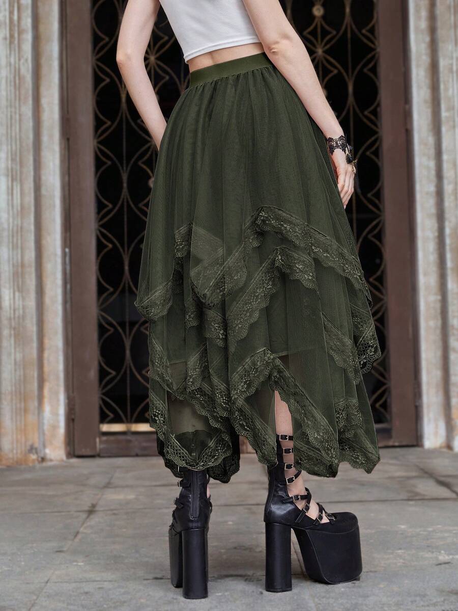 Women's asymmetrical high-waist mesh long skirt featuring contrast lace trim and a tiered A-line silhouette.