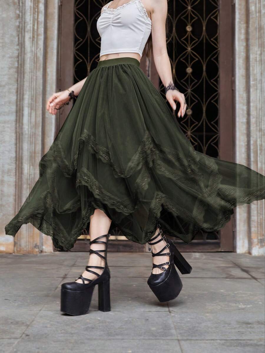 Women's asymmetrical high-waist mesh long skirt featuring contrast lace trim and a tiered A-line silhouette.