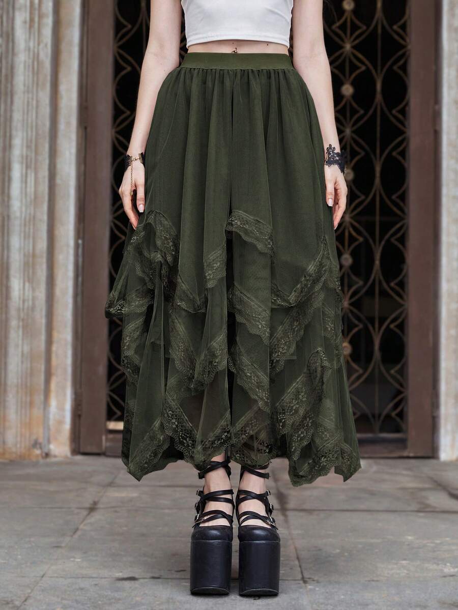 Women's asymmetrical high-waist mesh long skirt featuring contrast lace trim and a tiered A-line silhouette.
