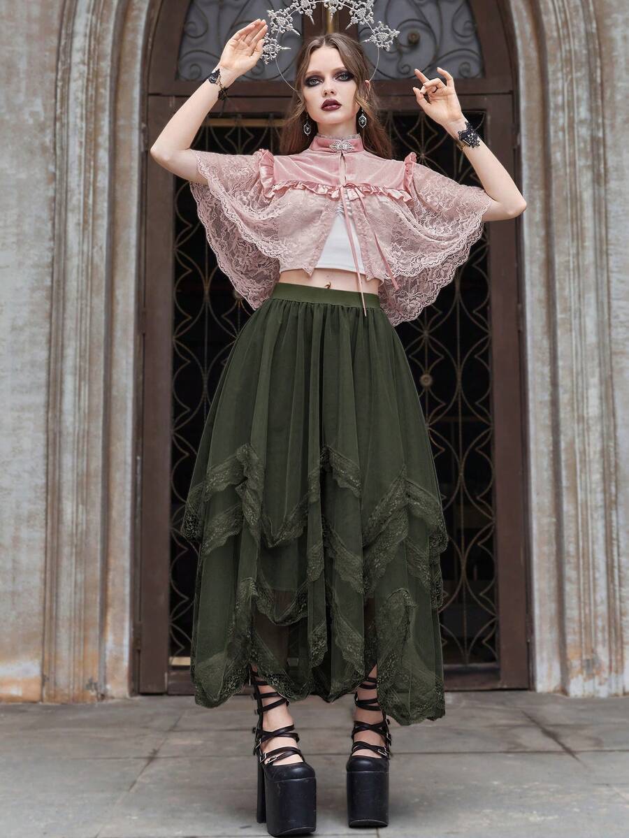 Women's asymmetrical high-waist mesh long skirt featuring contrast lace trim and a tiered A-line silhouette.