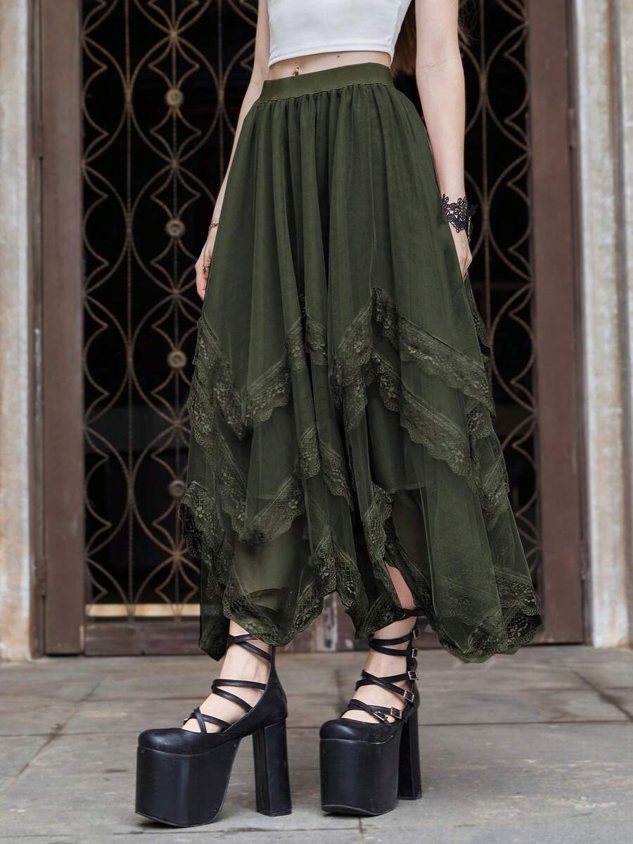 Women's asymmetrical high-waist mesh long skirt featuring contrast lace trim and a tiered A-line silhouette.