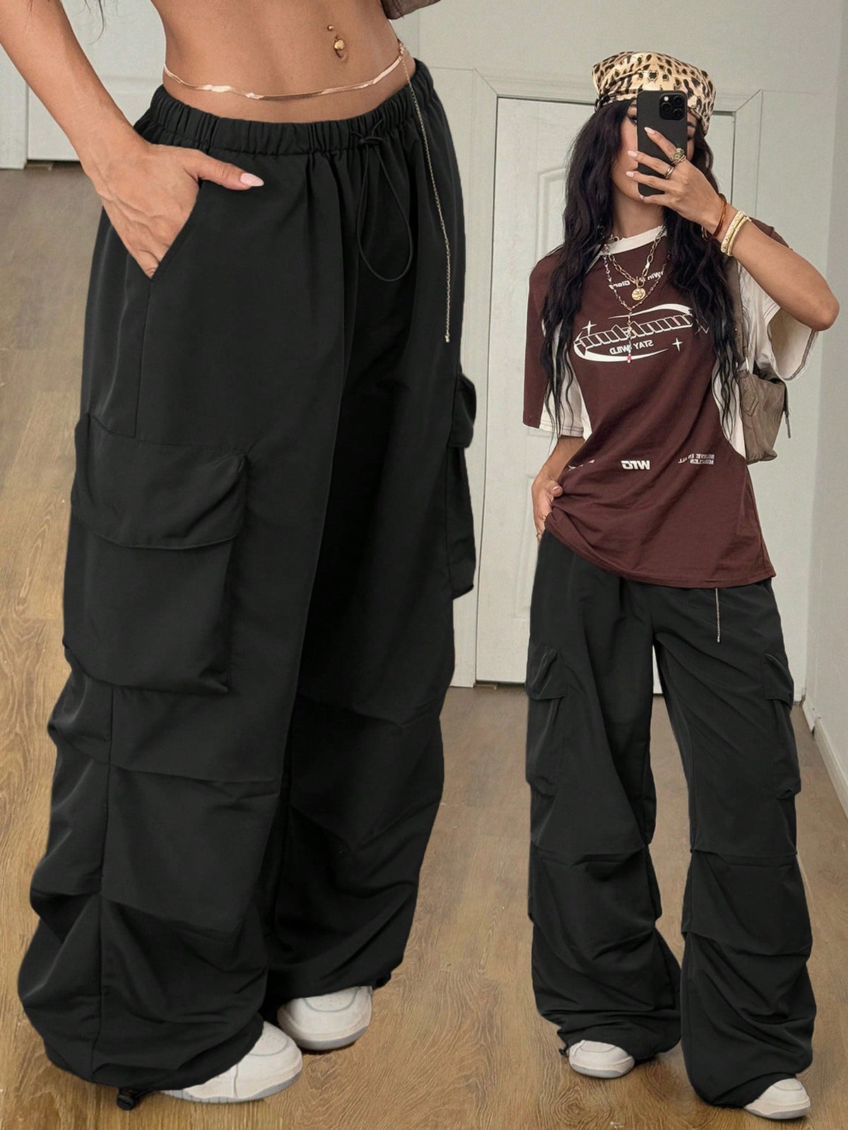 Women's loose fit parachute cargo pants featuring a drawstring waist and functional pockets in a casual streetwear style