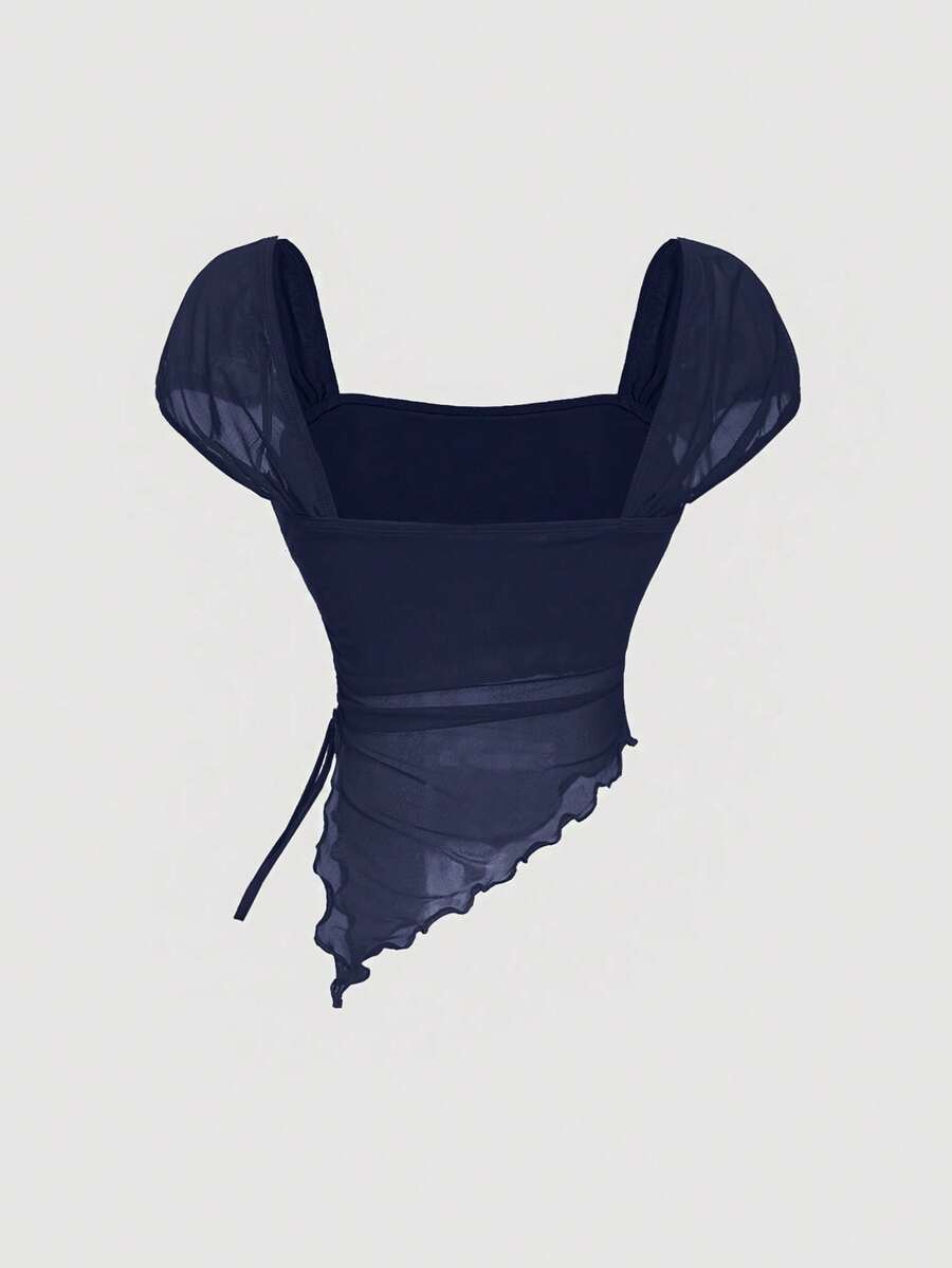 Women's white asymmetrical ruched lace top featuring drawstring details, square neckline, and cap sleeves.