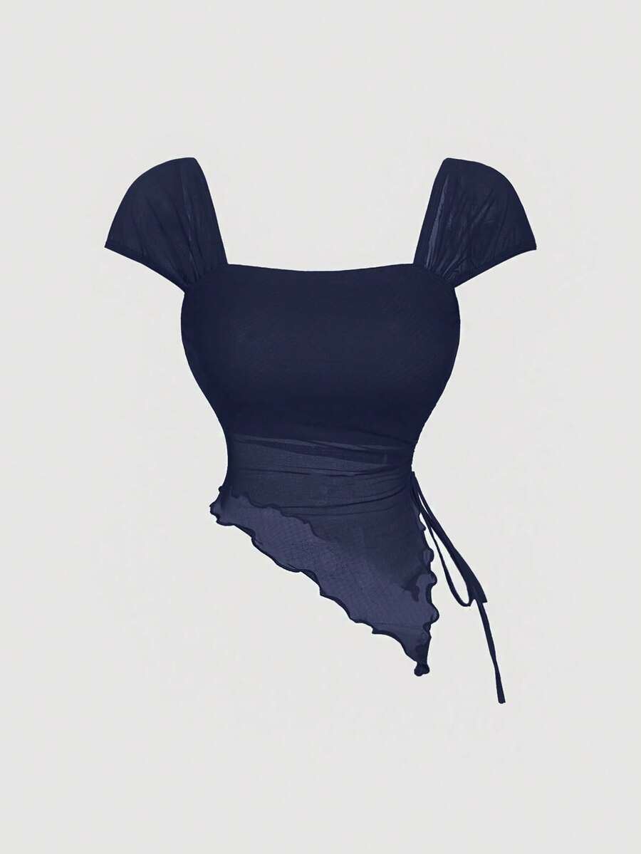 Women's white asymmetrical ruched lace top featuring drawstring details, square neckline, and cap sleeves.