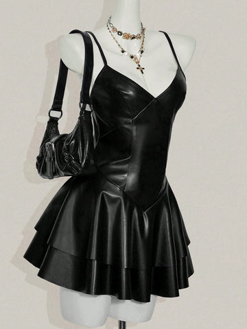 Women's Y2K PU leather mini dress with spaghetti straps, V-neckline, backless design, zipper closure, high waist, slim A-line fit, and layered tiered hem.