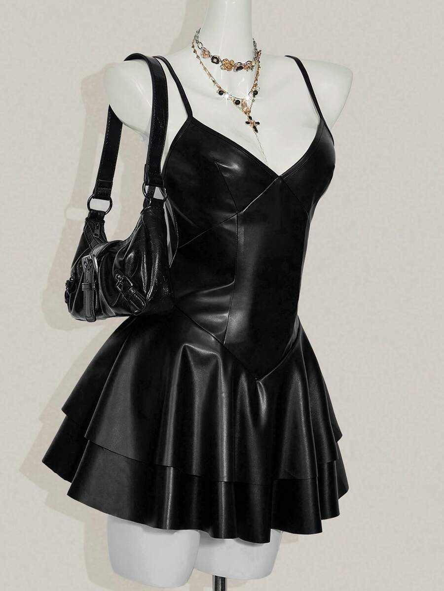 Women's Y2K PU leather mini dress with spaghetti straps, V-neckline, backless design, zipper closure, high waist, slim A-line fit, and layered tiered hem.