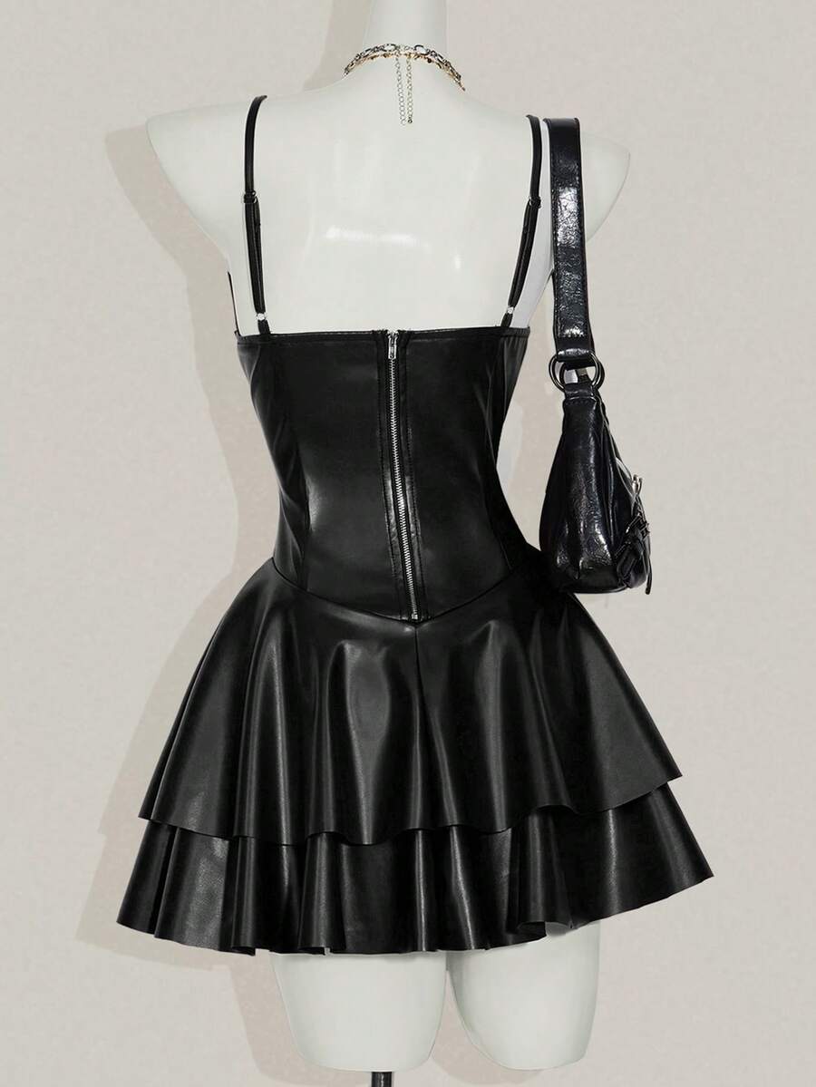 Women's Y2K PU leather mini dress with spaghetti straps, V-neckline, backless design, zipper closure, high waist, slim A-line fit, and layered tiered hem.