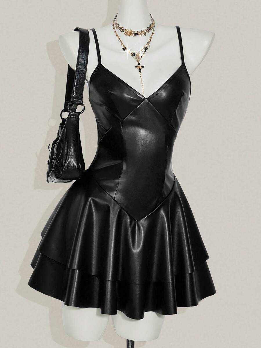 Women's Y2K PU leather mini dress with spaghetti straps, V-neckline, backless design, zipper closure, high waist, slim A-line fit, and layered tiered hem.