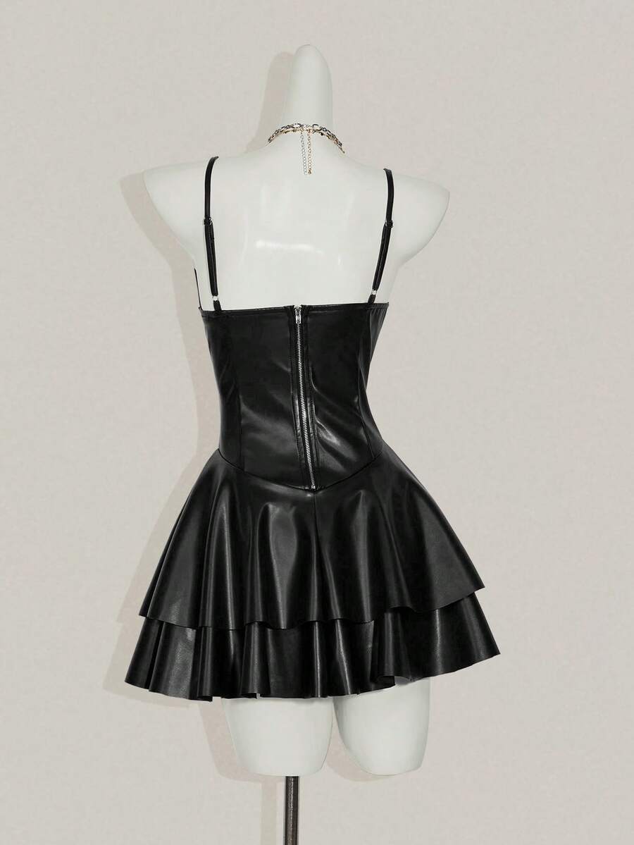 Women's Y2K PU leather mini dress with spaghetti straps, V-neckline, backless design, zipper closure, high waist, slim A-line fit, and layered tiered hem.