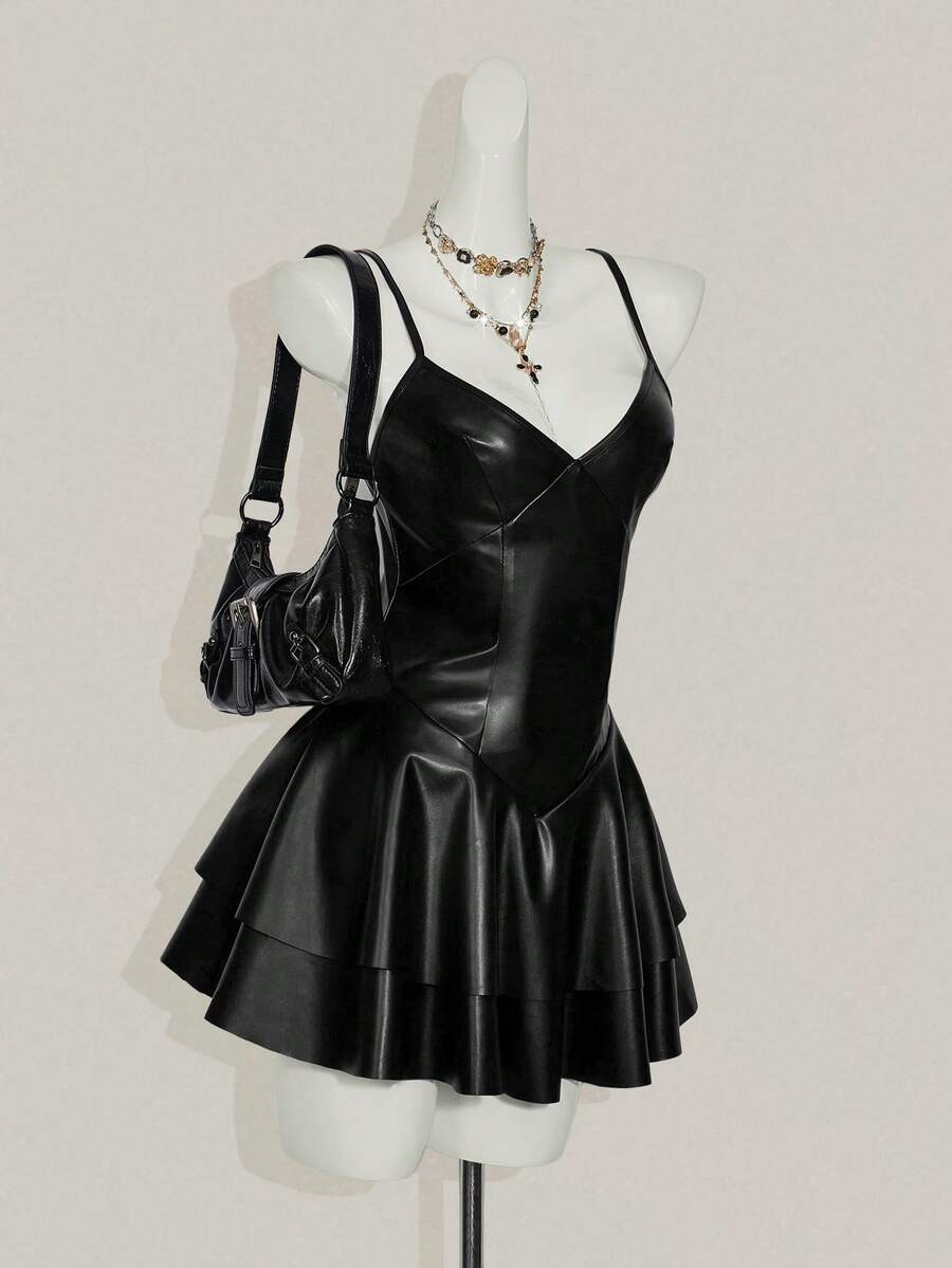 Women's Y2K PU leather mini dress with spaghetti straps, V-neckline, backless design, zipper closure, high waist, slim A-line fit, and layered tiered hem.