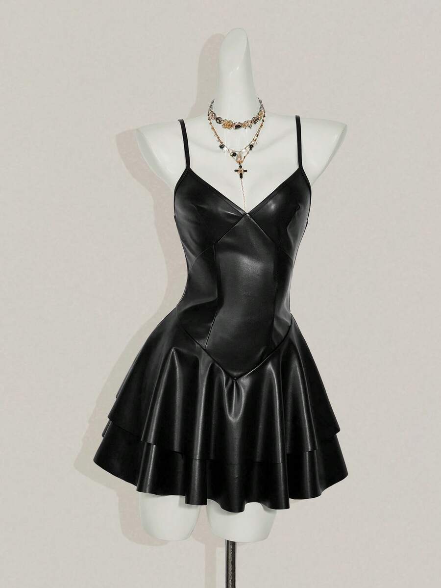 Women's Y2K PU leather mini dress with spaghetti straps, V-neckline, backless design, zipper closure, high waist, slim A-line fit, and layered tiered hem.