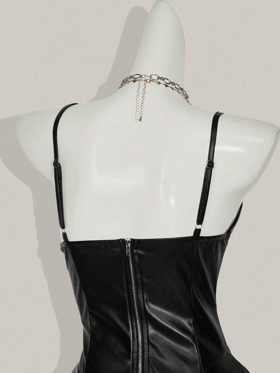 Women's Y2K PU leather mini dress with spaghetti straps, V-neckline, backless design, zipper closure, high waist, slim A-line fit, and layered tiered hem.