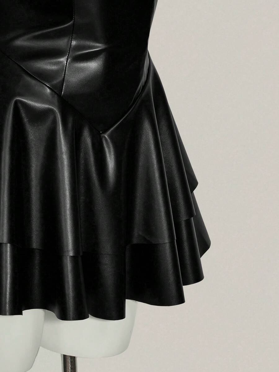 Women's Y2K PU leather mini dress with spaghetti straps, V-neckline, backless design, zipper closure, high waist, slim A-line fit, and layered tiered hem.