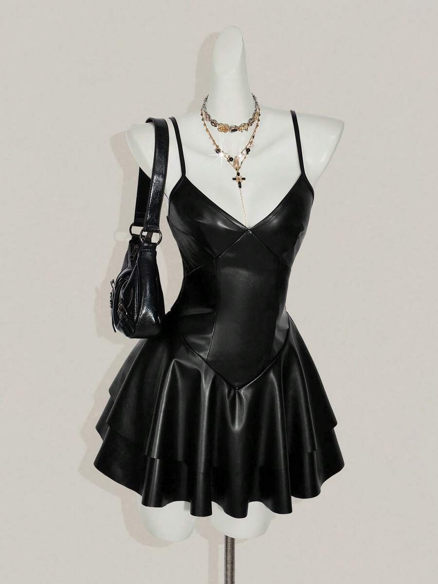 Women's Y2K PU leather mini dress with spaghetti straps, V-neckline, backless design, zipper closure, high waist, slim A-line fit, and layered tiered hem.