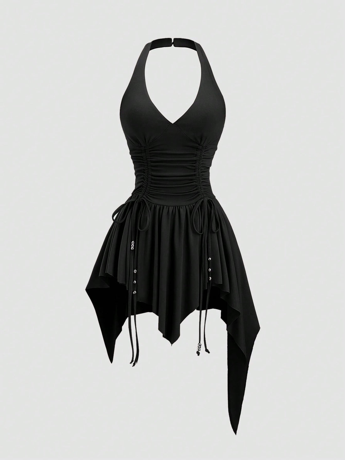 Women's sleeveless halter short dress with a backless design, ruched drawstring detail, slim fit, and asymmetrical hem.