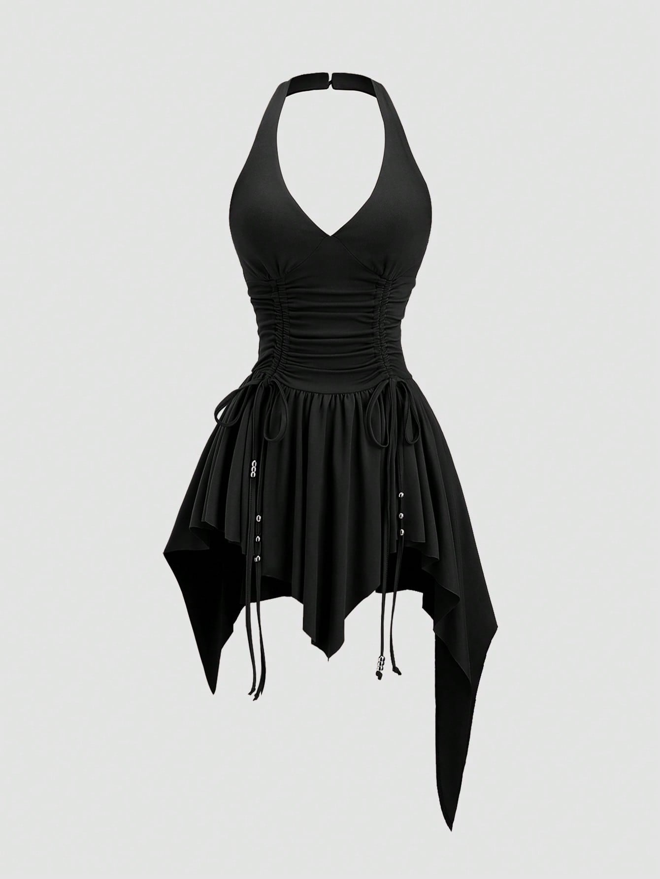 Women's sleeveless halter short dress with a backless design, ruched drawstring detail, slim fit, and asymmetrical hem.