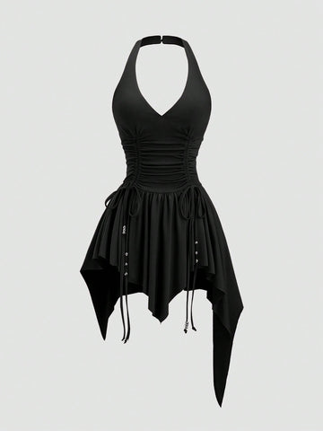 Women's sleeveless halter short dress with a backless design, ruched drawstring detail, slim fit, and asymmetrical hem.