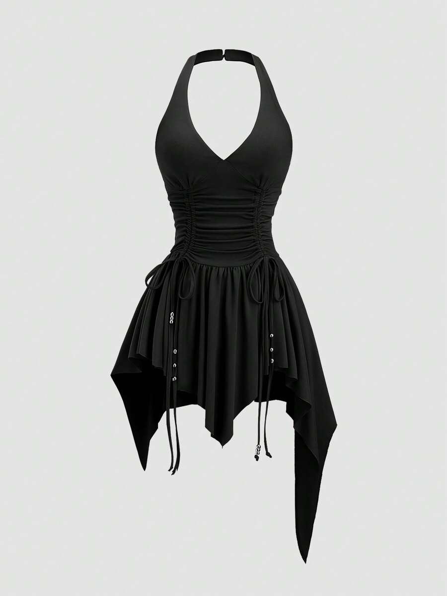 Women's sleeveless halter short dress with a backless design, ruched drawstring detail, slim fit, and asymmetrical hem.