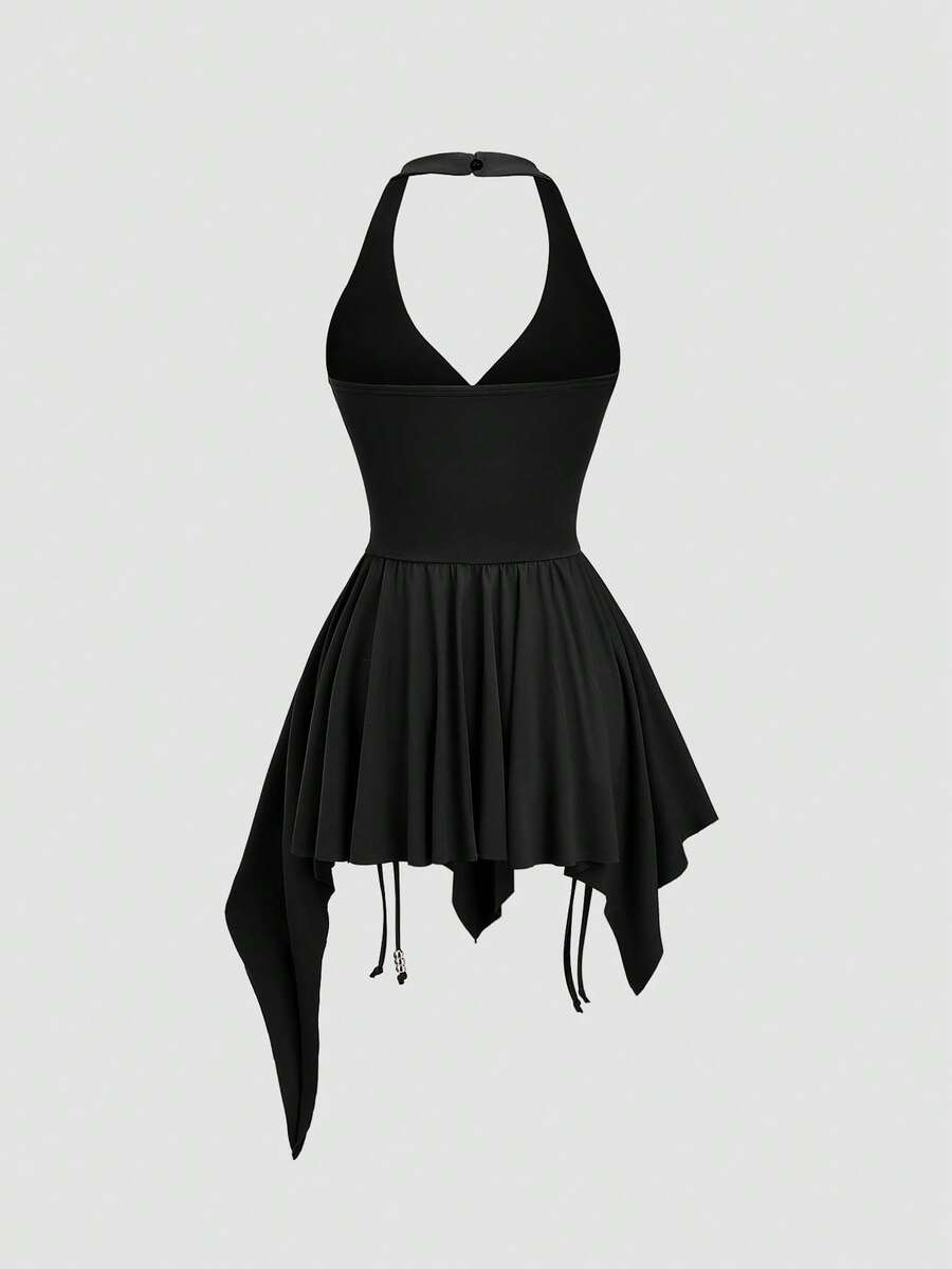 Women's sleeveless halter short dress with a backless design, ruched drawstring detail, slim fit, and asymmetrical hem.