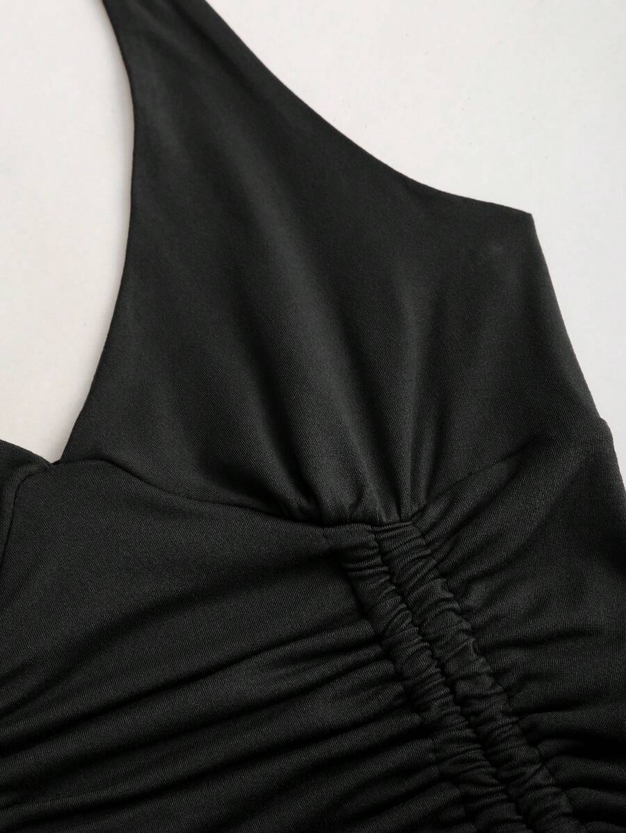 Women's sleeveless halter short dress with a backless design, ruched drawstring detail, slim fit, and asymmetrical hem.