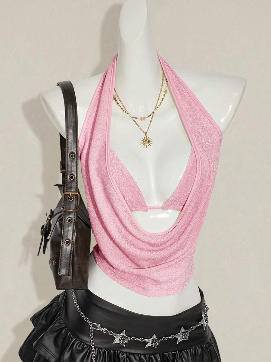 Women's glitter halter backless micro crop tank top featuring a draped knot front design.