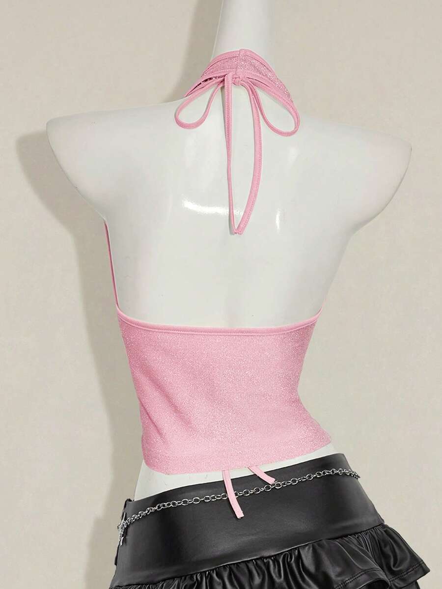 Women's glitter halter backless micro crop tank top featuring a draped knot front design.