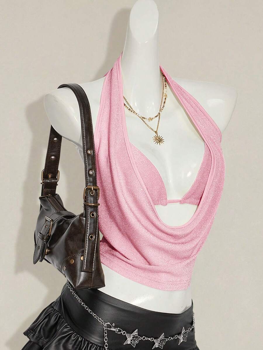 Women's glitter halter backless micro crop tank top featuring a draped knot front design.