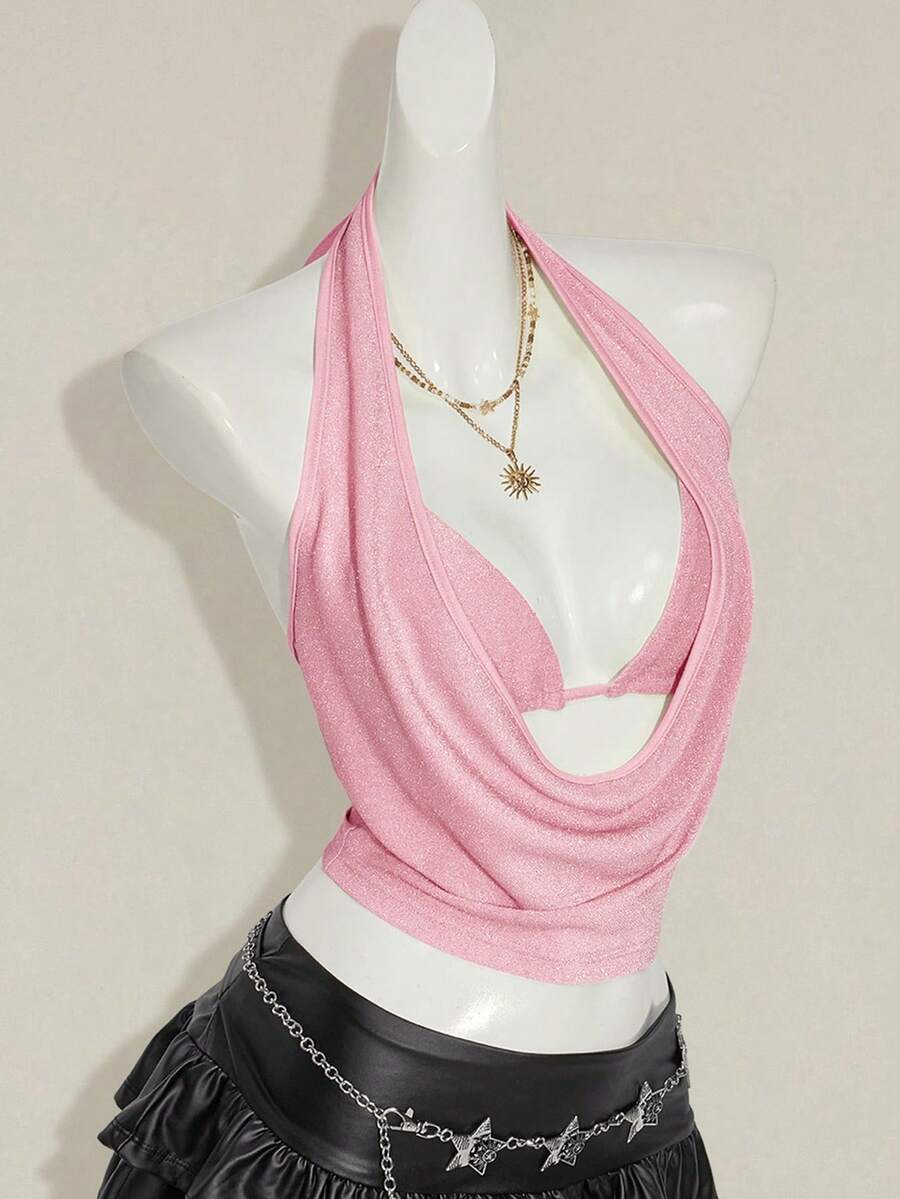 Women's glitter halter backless micro crop tank top featuring a draped knot front design.