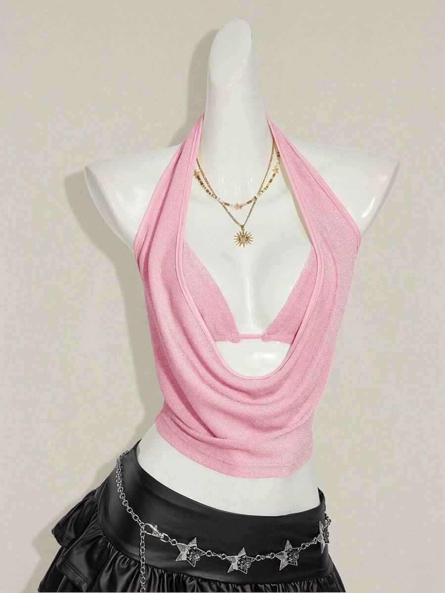 Women's glitter halter backless micro crop tank top featuring a draped knot front design.