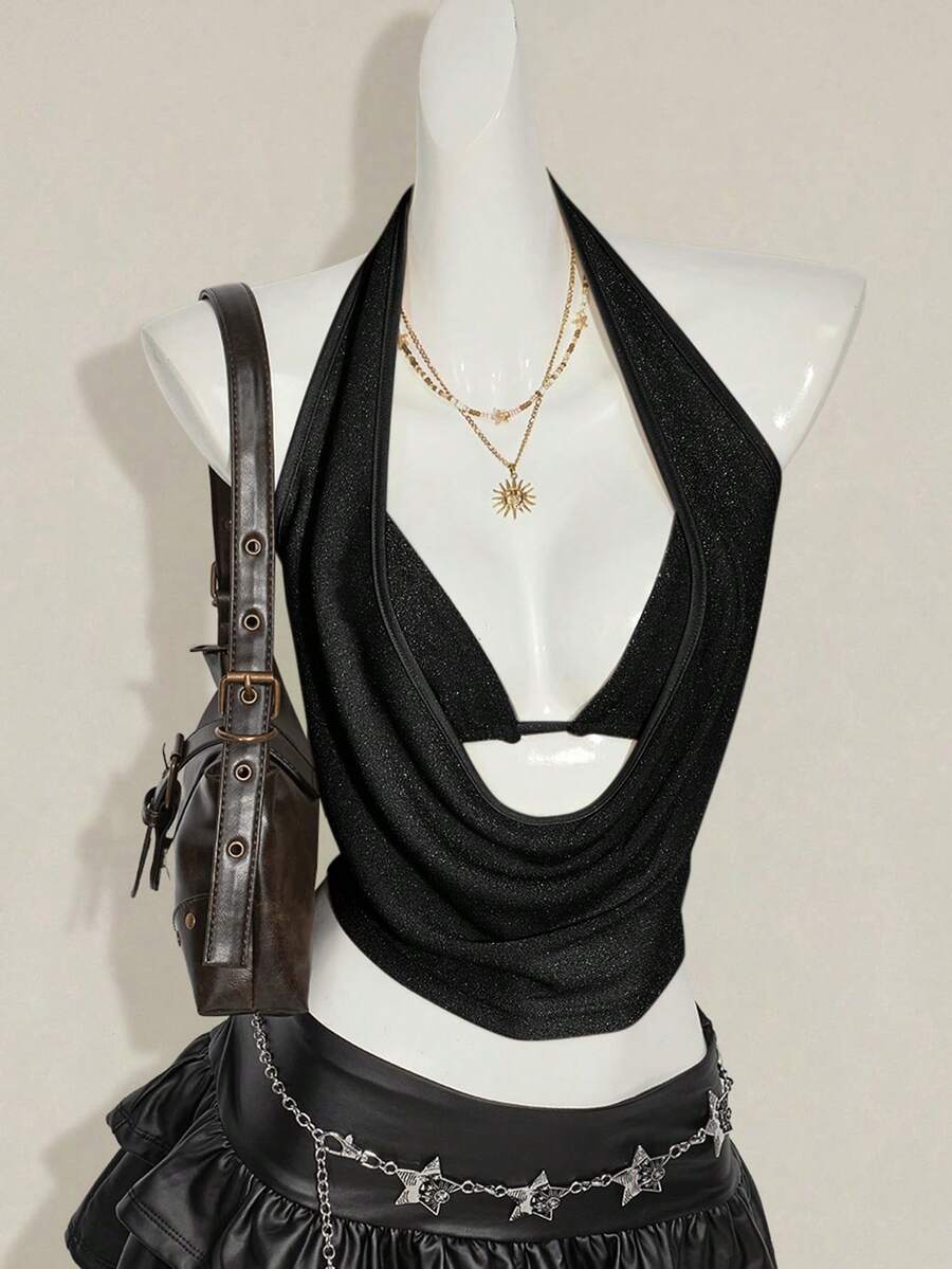 Women's glitter halter backless micro crop tank top featuring a draped knot front design.