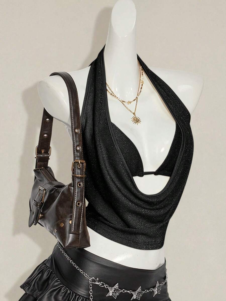 Women's glitter halter backless micro crop tank top featuring a draped knot front design.