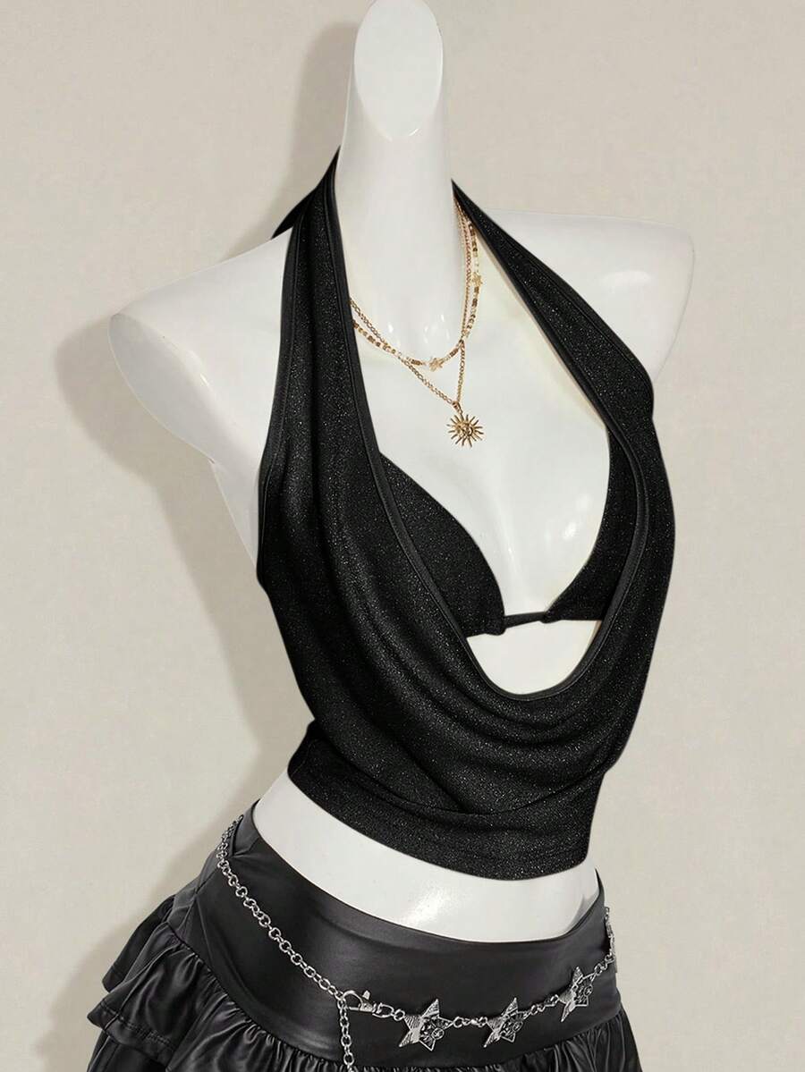 Women's glitter halter backless micro crop tank top featuring a draped knot front design.