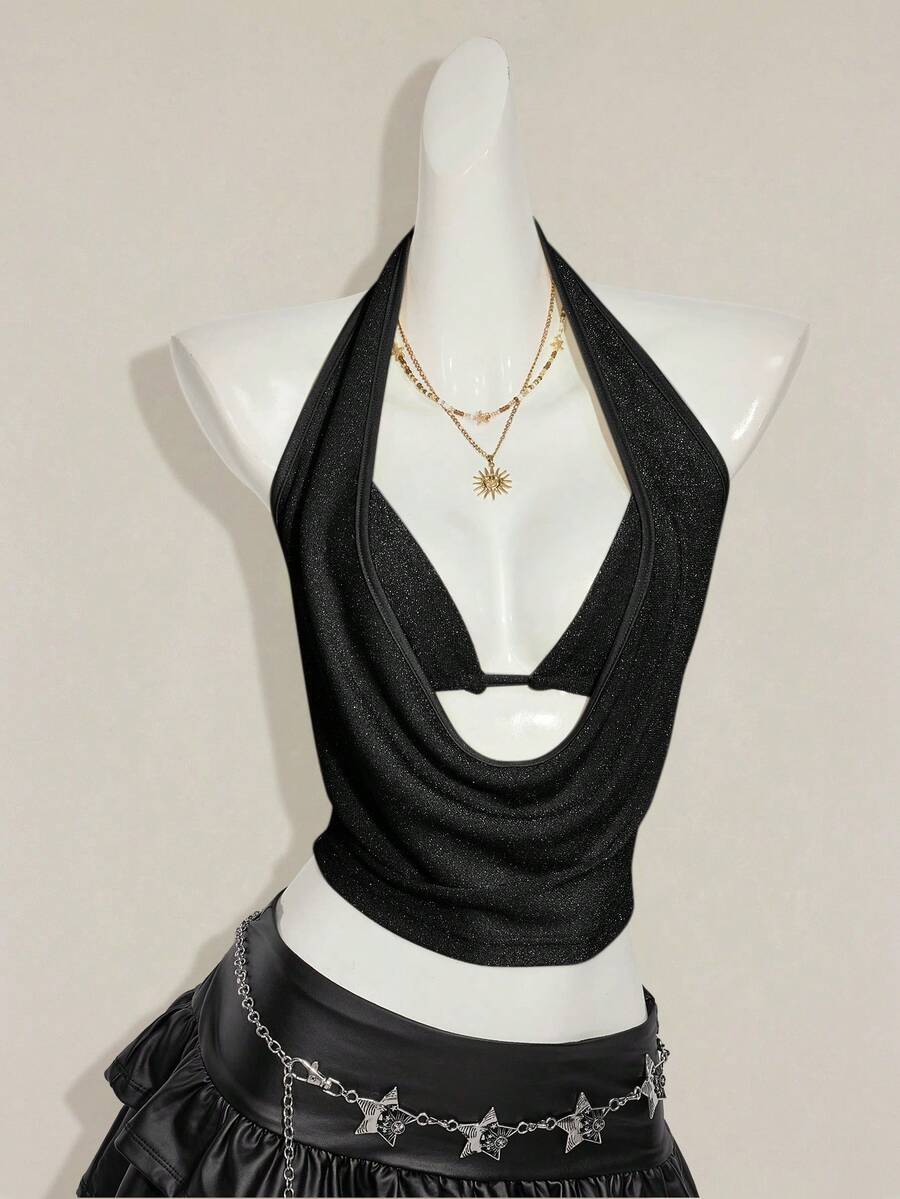 Women's glitter halter backless micro crop tank top featuring a draped knot front design.
