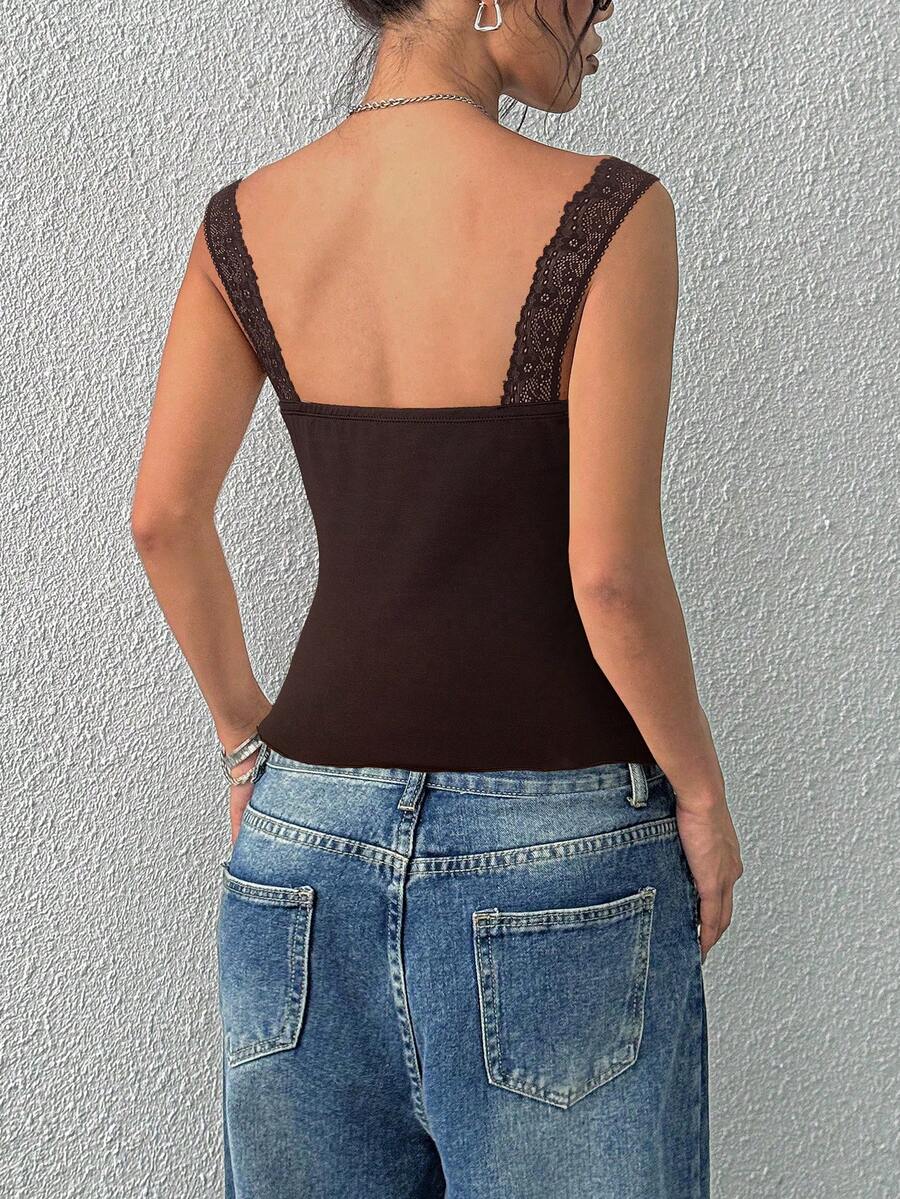 Women's slim fit casual camisole featuring wide shoulder straps, contrast lace trim, a front knot, and ruched details.