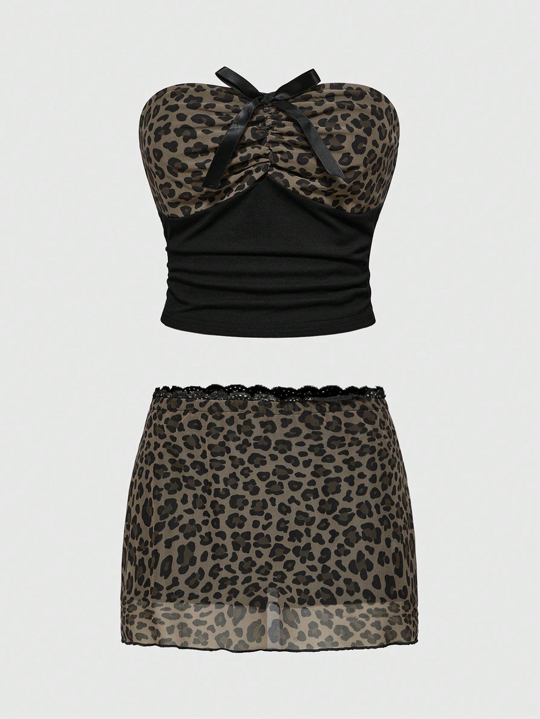 Multicolor Shibuya Gyaru Y2K strapless bandeau micro crop top set featuring backless, ruched detailing with bow accent.