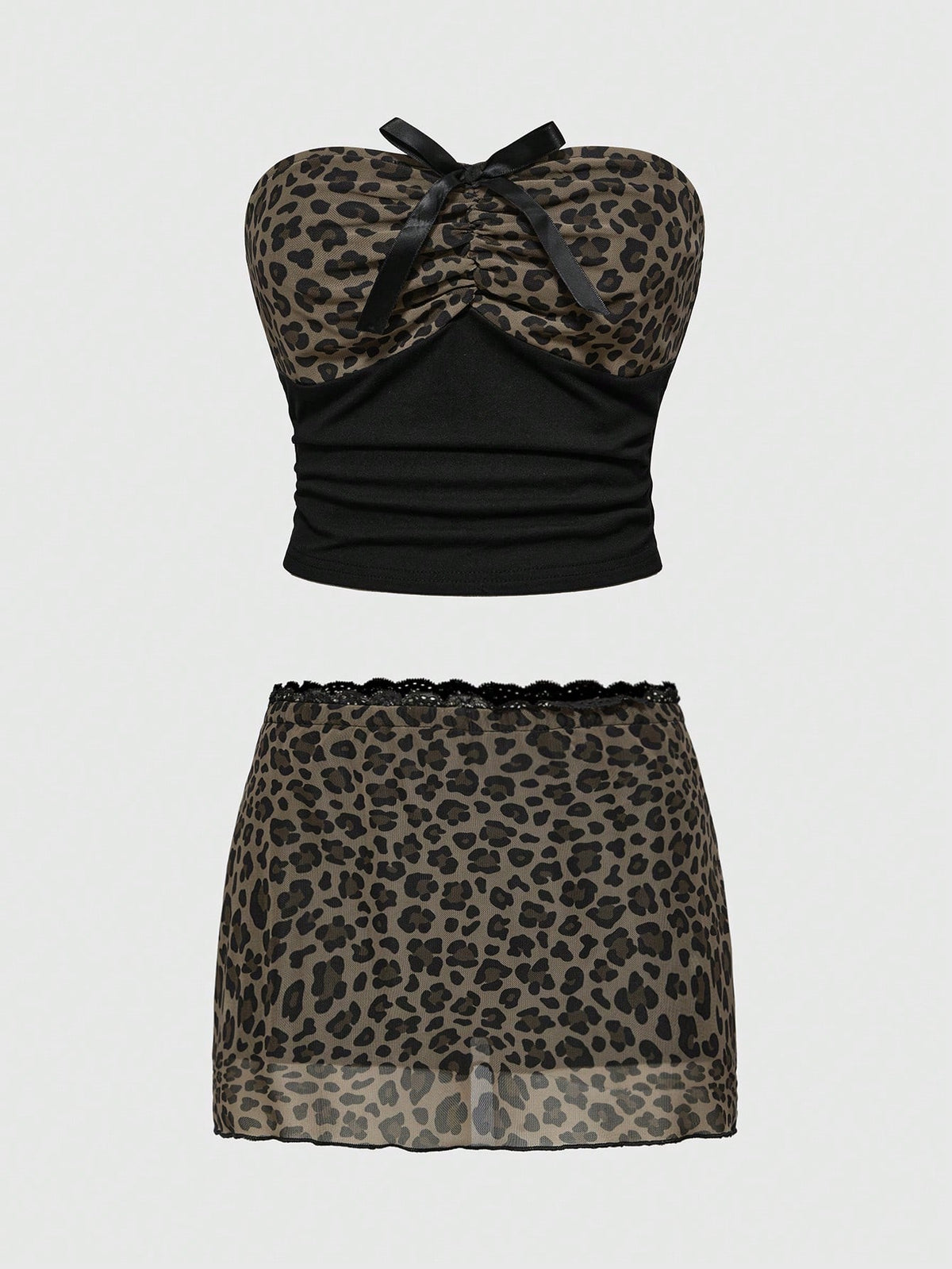 Multicolor Shibuya Gyaru Y2K strapless bandeau micro crop top set featuring backless, ruched detailing with bow accent.