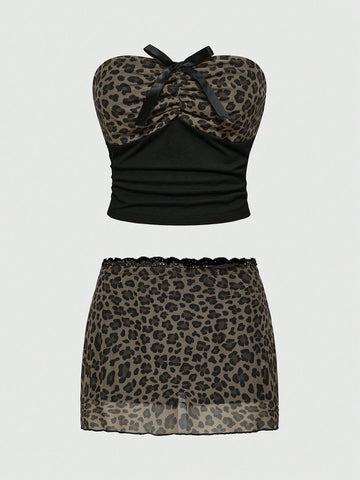 Multicolor Shibuya Gyaru Y2K strapless bandeau micro crop top set featuring backless, ruched detailing with bow accent.