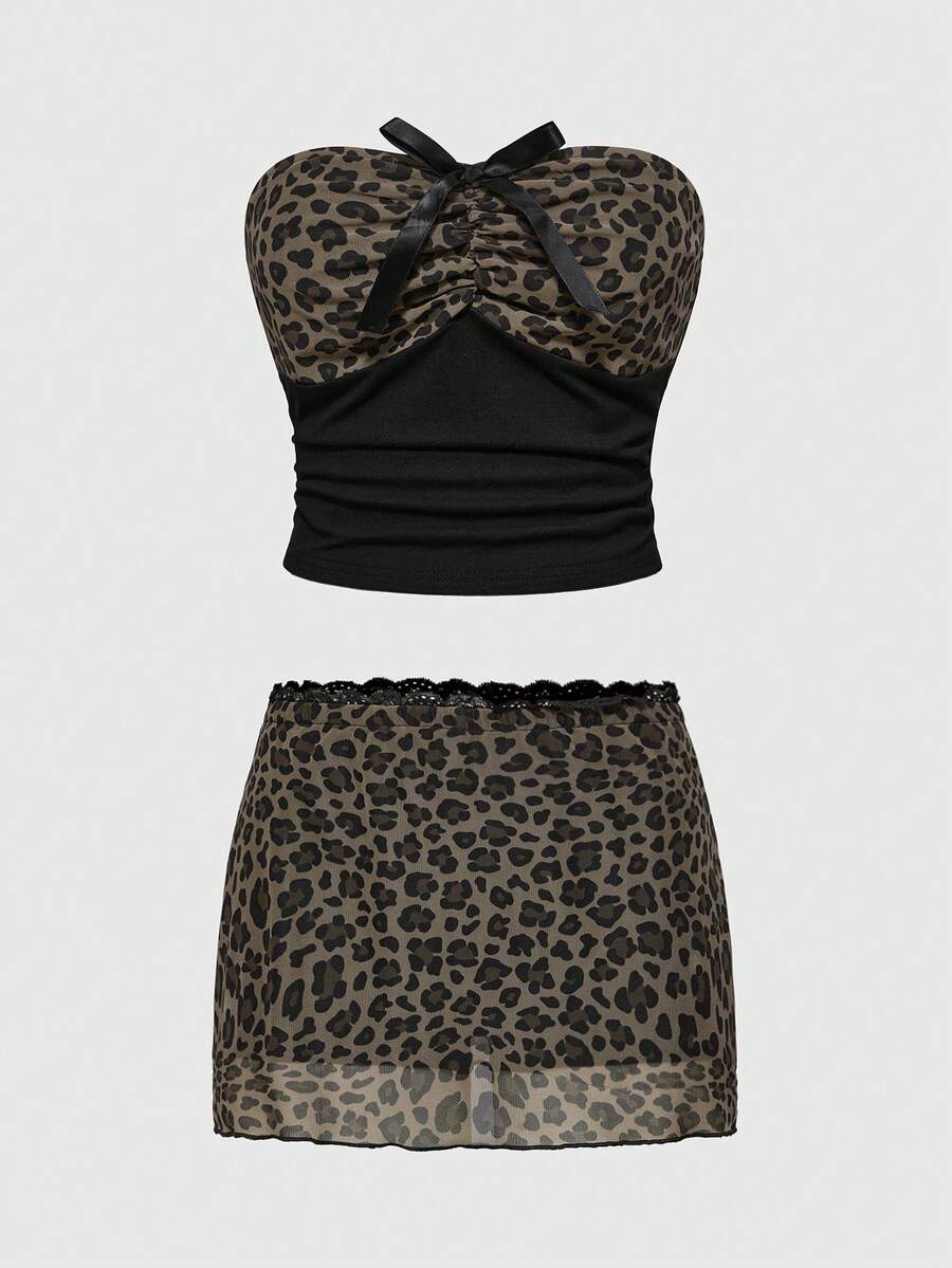 Multicolor Shibuya Gyaru Y2K strapless bandeau micro crop top set featuring backless, ruched detailing with bow accent.