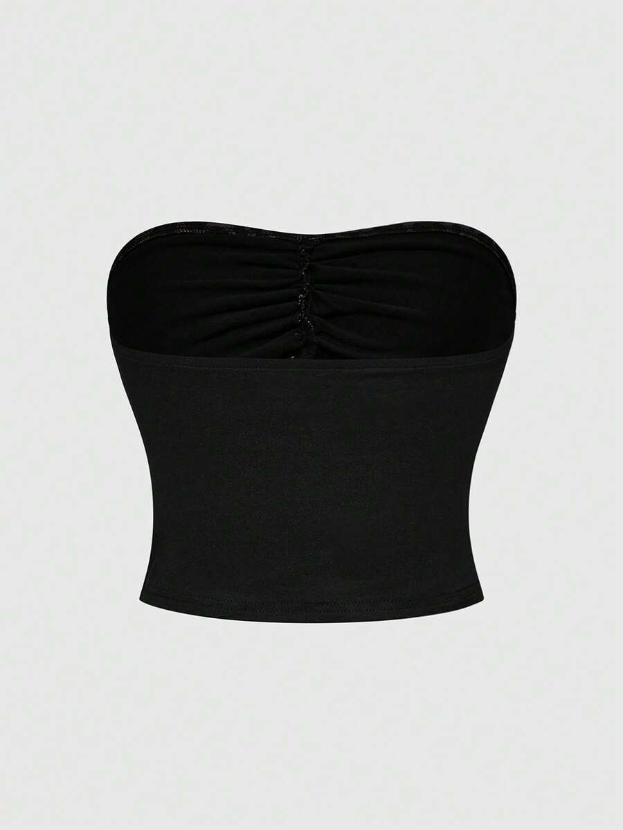 Multicolor Shibuya Gyaru Y2K strapless bandeau micro crop top set featuring backless, ruched detailing with bow accent.