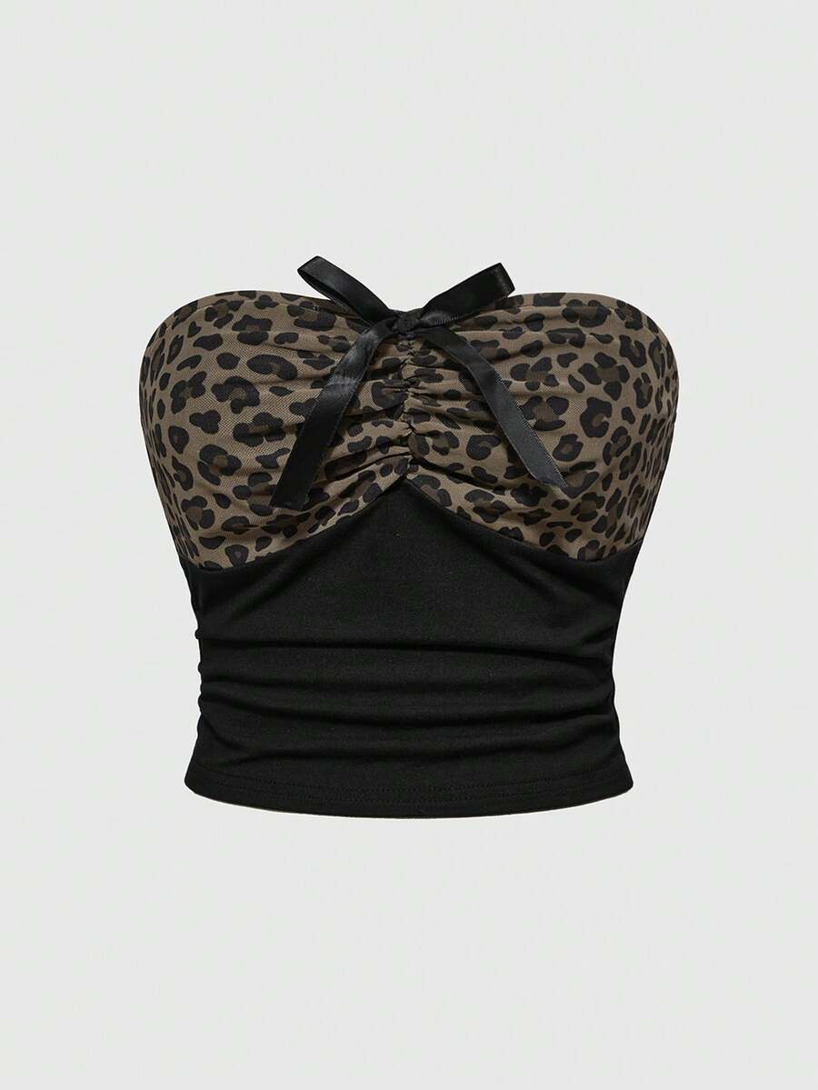 Multicolor Shibuya Gyaru Y2K strapless bandeau micro crop top set featuring backless, ruched detailing with bow accent.