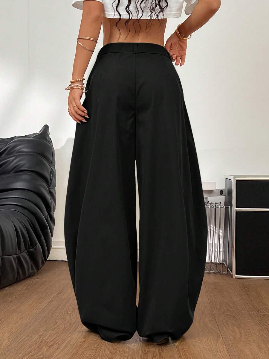 Women's striped wide leg trousers in white woven fabric featuring a low waist and loose fit silhouette