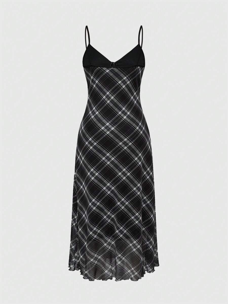 Women's sleeveless plaid cami maxi dress with spaghetti straps, backless detail, and a split thigh mermaid hem.