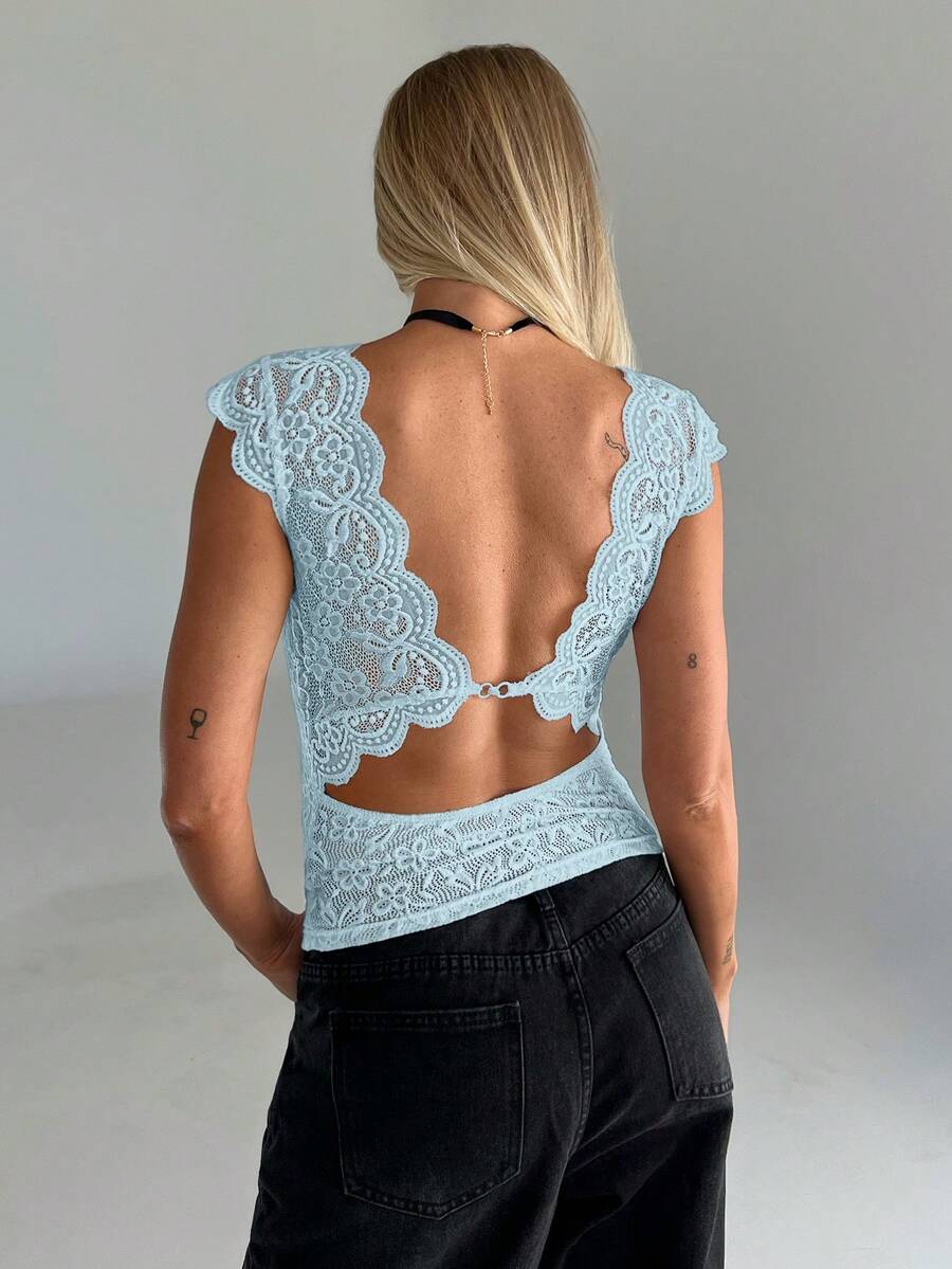 Firerie Women's Deep V-Neck Lace Fitted Camisole with scallop trim and contrast lace details.